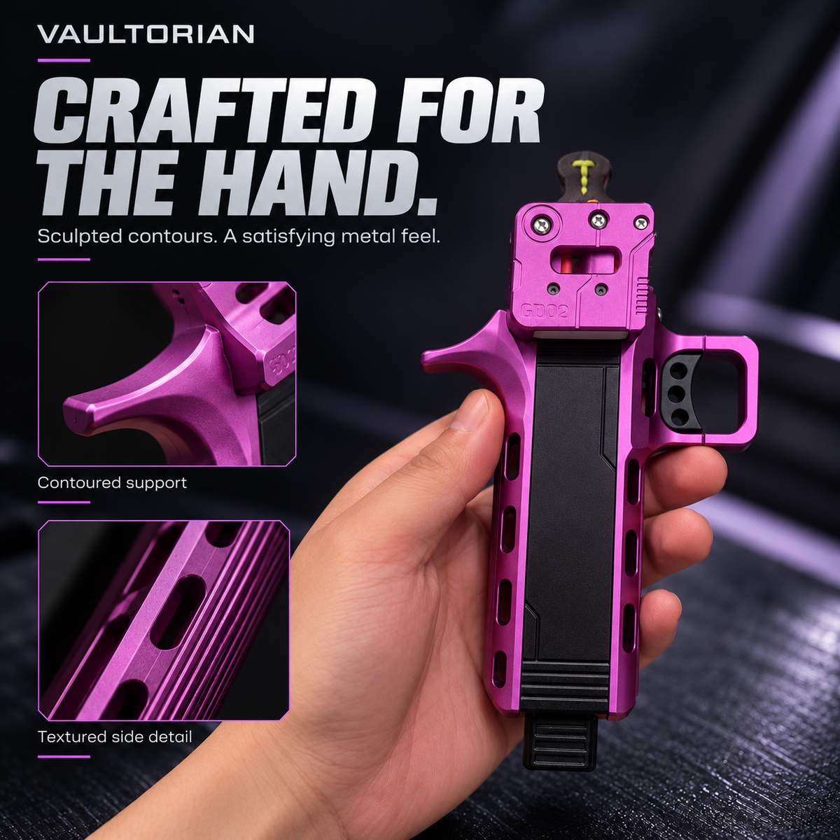 Vaultorian GD02 CNC-Machined Aluminum Alloy Slingshot with Magazine – Purple