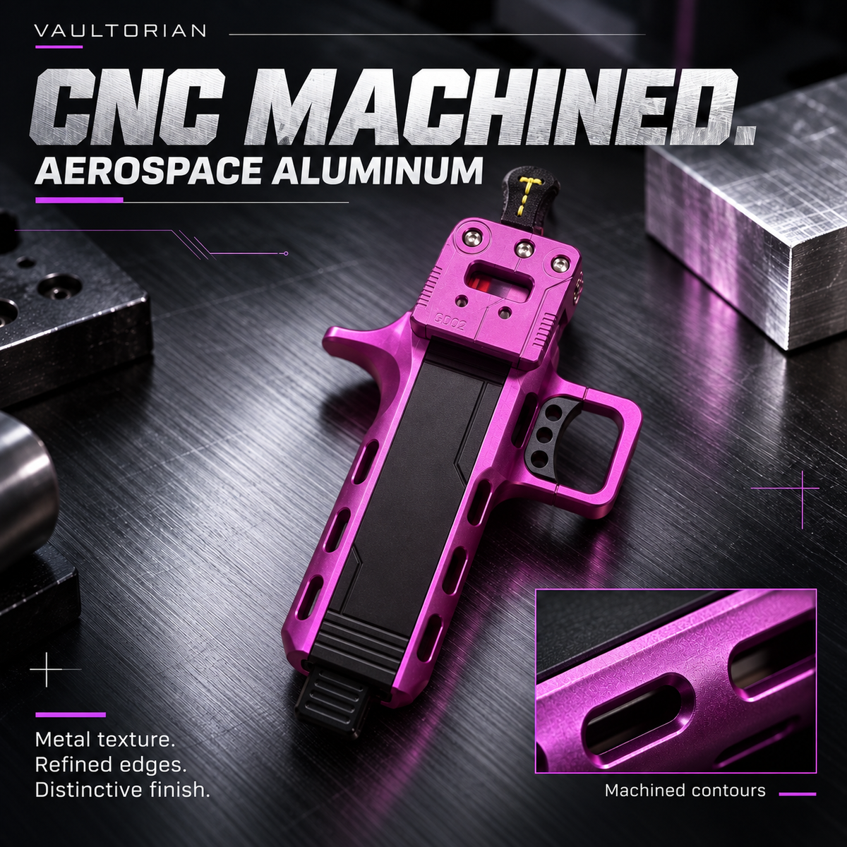 Vaultorian GD02 CNC-Machined Aluminum Alloy Slingshot with Magazine – Purple