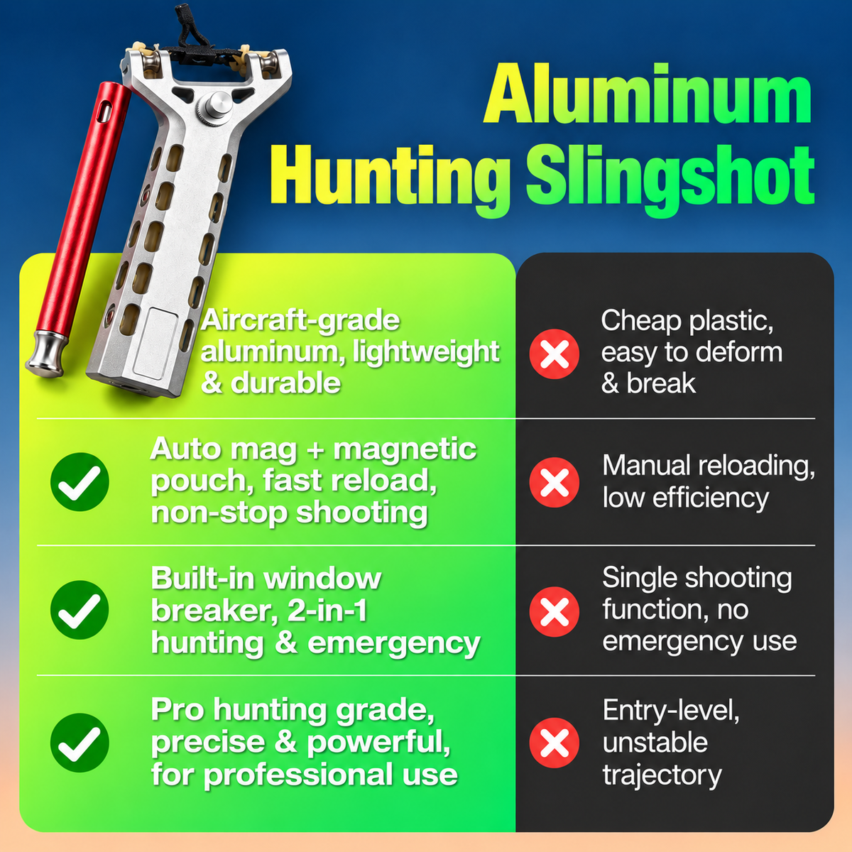 Vaultorian CNC-Machined Aluminum Alloy Slingshot Kit with Rapid Reload, Ammo Tube & Emergency Window Breaker